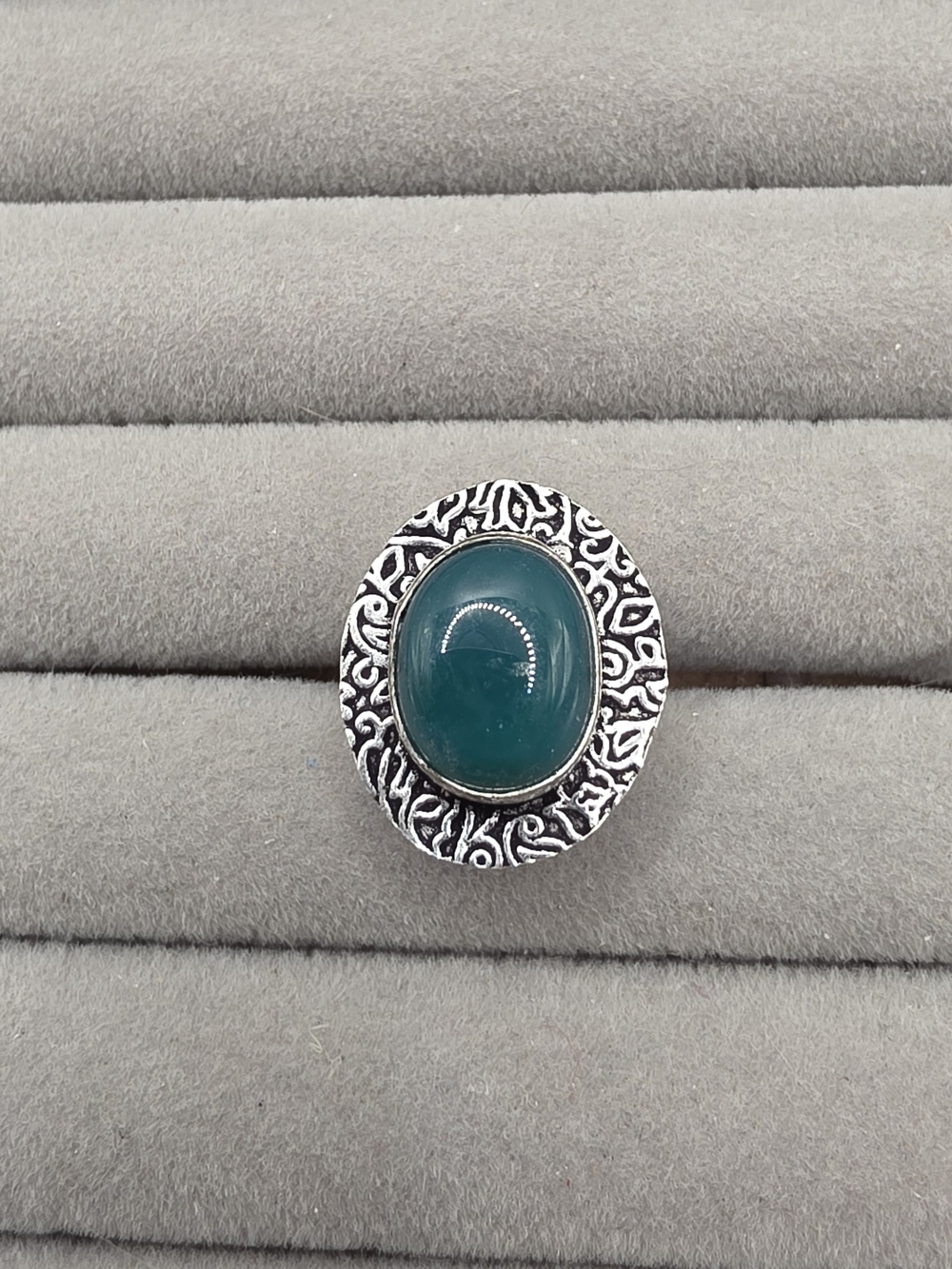 Teal Oval Cabochon Statement Ring Size 6 - Silver Plated Setting